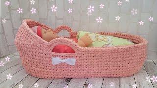 ЛЮЛЬКА ДЛЯ КУКЛЫИЗ ТРИКОТАЖНОЙ ПРЯЖИ С ДЕРЕВЯННЫМ ДНОМcrochet cradleGehäkelte Wiege