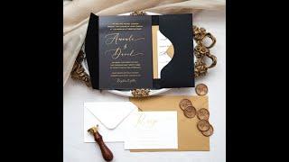 Modern Clear Acrylic Wedding Invitation Suite with Gold Lettering and Black Glitter Pocket