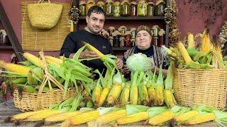 CORN HOLIDAY IN THE VILLAGE! GRANDMA NAILA IS COOKING DIFFERENT SARMA DISH! RURAL VILLAGE LIFE