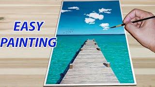 Seascape Dock Step by Step Acrylic Painting / dock acrylic painting for beginners