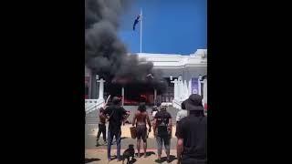 The Front Door of Old Parliament House Burning