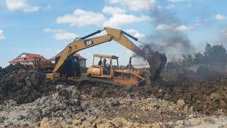 Extremely Big Bulldozer KOMATSU Recovery by excavator CAT320D   Bulldozer Stuck In Deep Mud