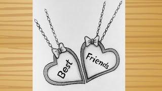 Best friends drawing - Best friends locket Drawing / Bff drawing / Friendship Day Drawing tutorial