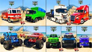 Lamborghini Monster vs Cascadia Truck vs SA Fire Truck vs Ford Monster Truck - GTA 5 Cars Comparison