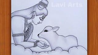 How to Draw Lord Shiva With Cute Cow | Easy Pencil drawing | Shiva drawing | Mahadev drawing | God