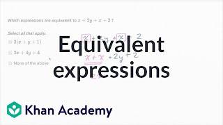 How to find equivalent expressions by combining like terms and using the distributive property