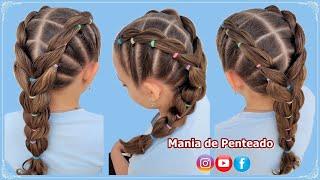 Penteado Fácil com Liguinhas e Trança  | Easy Braid Hairstyles with Rubber Bands for Girls 