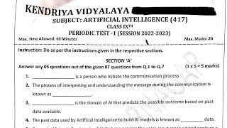 PT-1 Question Paper / Class-9 AI (Artificial Intelligence) Periodic Test Paper Kendriya Vidyalaya