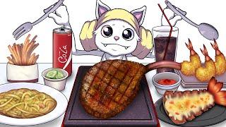Mukbang Animation Tomahanwk Staek Toowoomba pasta Set Muk Cat