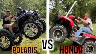 Honda Foreman 500 vs Polaris Highlifter 850 in small backyard wheelie competition! Who wins?