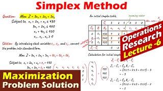Lec-6 Simplex Method | Maximization Problem | Mathematical Example Solution | Operations Research