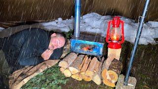 Hot Tent Rain Camping in Snowy Forest - Caught in Rain With My Dog!