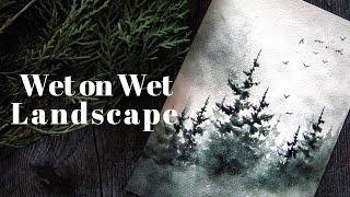 Wet on Wet Beginner Watercolor Landscape Tutorial / Misty Forest