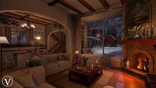 Cozy Winter Farmhouse Interior | Night Ambience | Log Fireplace, Wind, Snow & Blizzard Sounds