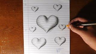 How to Draw 3D Hearts - Line Paper Trick Art