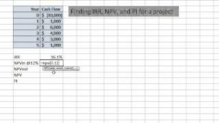 IRR, NPV, and PI for a project in Excel