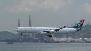 South African Airways Airbus A340 Landing in Hong Kong Airport. Flight SA286.  ZS-SXE