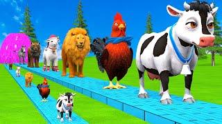 Paint & Animals Cow,Gorilla,Elephant,Giraffe,Tiger,Lion, Fountain Crossing Transformation Cartoon