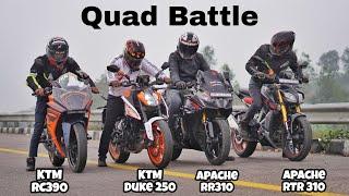 2024 Duke 250 vs Apache RTR 310 vs Apache RR 310 vs KTM RC 390 | Drag Race | Quad Battle
