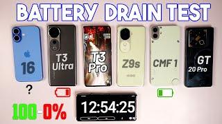 iPhone 16 vs vivo T3 Ultra vs vivo T3 Pro vs iQOO Z9s vs CMF Phone 1 vs GT 20 Pro Battery Drain Test