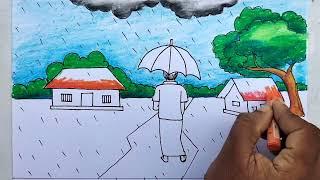 Monsoon scene drawing || How to draw easy scenery of rainy season