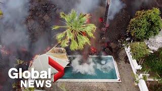 La Palma volcano: Drone video shows black lava swallowing pool, homes on its way to coast