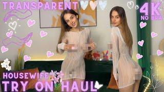 4K TRANSPARENT HOUSEWIFE TRY ON HAUL | SHEER WHITE LACE DRESS LOOKBOOK | NO BRA ️‍