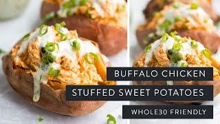 BUFFALO CHICKEN STUFFED SWEET POTATOES » whole30 + paleo