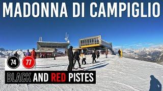 Skiing Black and Red Pistes 74, 77 in Madonna di Campiglio, Dolomiti di Brenta