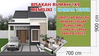 DESAIN RUMAH 7X9 DENGAN 3 KAMAR TIDUR || Ruang Tamu, Ruang Keluarga, Dapur & Toilet