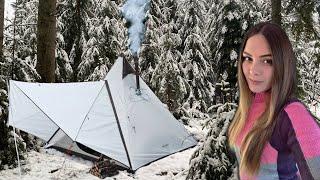 Winter Camping In Hot Tent : Gluhwein & T-Bone Steak on wood stove | ASMR