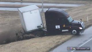 Semi jackknife caught on camera & icy bridge slides on I-135 north of Wichita