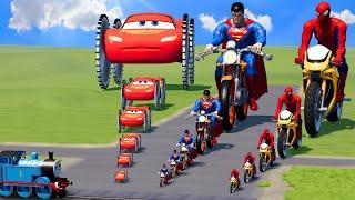 Big & Small: Lightning Mcqueen vs Superman vs Spiderman on a motorcycle vs Thomas the Train | BeamNG