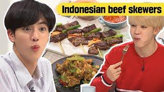 (ENG SUB) Jin & Jimin try Indonesian fusion beef skewers  and their reaction is...?