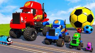 4 MONSTER TRUCKS vs Big & Small Long Mack Truck with Ball vs Train Thomas - BeamNG.Drive