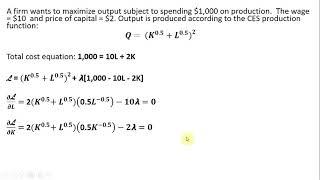 Lagrangian: Maximizing Output from CES Production Function with Cost Constraint