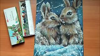 Портреты кроликов масляной пастелью. Portraits of rabbits in oil pastels.