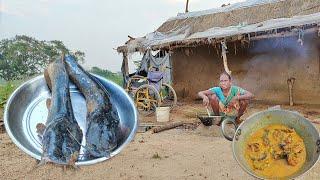 village poor old grandma cooking MAGUR FISH curry recipe & eating with rice||real Village cooking