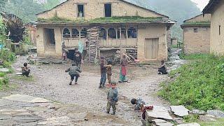 Struggle and poor but happy lifestyle in the Himalayas even in rainy season.