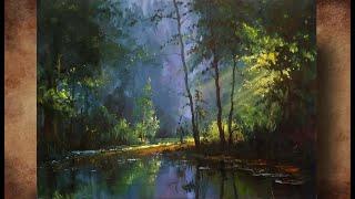 Sunray Forest. How to paint Forest Lake. Ukrainian art