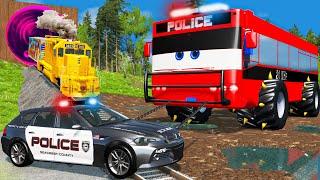 Big & Small Police Cars with Slide Color and Portal Trap - Police Bus Rescue Cars - BeamNG.Drive