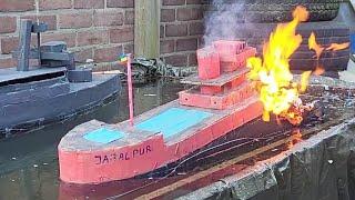 Cardboard Ship Burning And Sinking Battleship Kentucky Versus Merchant Ship Jabalpur