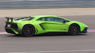 Green + Yellow Lamborghini Aventador SV pushing it on the track  | LOUD Accelerations + Downshifts