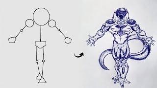 How to draw Frieza Full Body out of Stick man | Step by Step | Dragon Ball Super