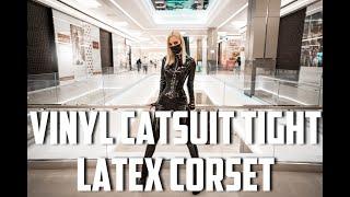 VINYL CATSUIT TIGHT LATEX CORSET A WALK IN THE SHOPPING CENTER