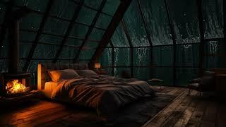 Rain Thunder in Cold Forest to sleep on Cozy Attic Bedroom w/ Fireplace - Rain Sounds for Sleeping