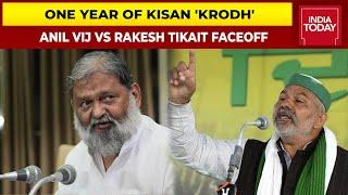 One Year Of Farmers' Stir: Haryana Minister Anil Vij & BKU Leader Rakesh Tikait Spar Over Farm Laws