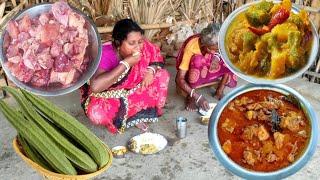 CHICKEN CURRY &RIGDE GOURD CURRY cooking and eating by grandma||rural life India