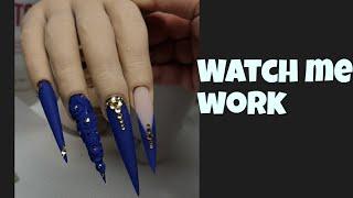 Watch me work| Long Blue nails| 3d roses | golden bling