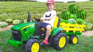 Darius Rides on Tractor \ Kids Pretend Play riding on Truck Toys gathering watermelon